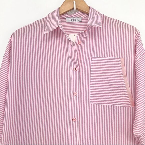 Bislife Pink White Candy Stripe Button Up Drawstring Tunic Top, Mini Dress NEW - Picture 3 of 16